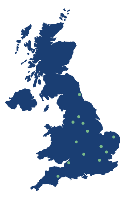 Map_of_Partners_transp Map of the UK with green dots where the Brain Injury HRC partners are located