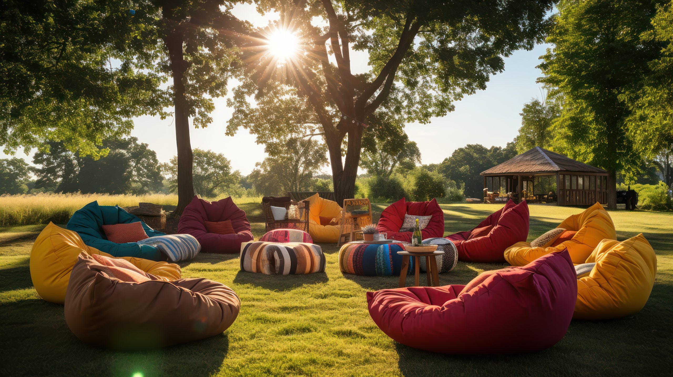 Bean bags in the shade on the grass, perfect for a modern outdoor party.